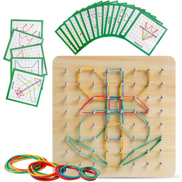 Wooden Geoboard with Rubber Bands Graphical Math Pattern Blocks Geo Board - Montessori Educational Toy for Kids with Pattern Cards and Rubber Bands Create Figures Shape STEM Puzzle Matrix Brain Teaser
