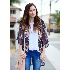 Plus Size Kimono Cardigan for Women Summer Floral Tops Loose Beach Cover Ups Oversized Shirts (NavyBlue, 4XL)