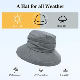 Comhats Womens Rain Bucket Sun Hats Wide Brim Waterproof Hat for Ladies UPF Walking Fishing Kayaking with Chin Cord Foldable Packable Adjustable Black