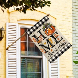 AVOIN colorlife Home Sweet Home Pumpkin Fall House Flag 28x40 Inch Double Sided Outside, Wood Grain Autumn Buffalo Plaid Yard Outdoor Flag