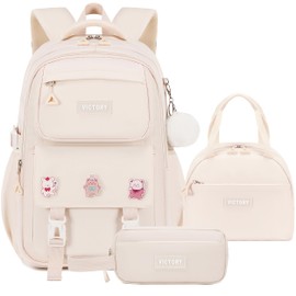 AO ALI VICTORY Girls Backpacks 3PCS Backpack for Girls Set with Lunch Box Pencil Case 15.6 Inch Laptop School Bag Kids Elementary College Bookbags for Women Teens Students Travel Daypack White