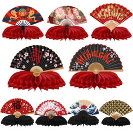 Gameza Hibachi Birthday Party Decorations - 9PCS Japanese Party Decorations Japanese Style Paper Fans Honeycomb Centerpieces Table Decor Asian Baby Shower Wedding Birthday Decor Supplies