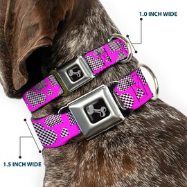 Buckle-Down Seatbelt Buckle Dog Collar - Eighties Hearts Fuchsia/Black/White - 1.5" Wide - Fits 16-23" Neck - Medium
