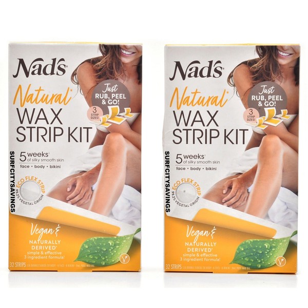 2 pack NAD'S Natural Wax Strip Kit Vegan & Naturally Derived 32 count per box