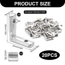 Pack of 20 Inner Angle Connectors for Aluminium Profile 20 x 20, T-Slot Corner Connectors, with 40 Screws, L-Shape 90° for Stable Connections in Aluminium Profiles
