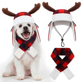 Coume Christmas Antler Check Dog Hat and Scarf Set Winter Red and Black Buffalo Plaid Pets Hats with Earmuffs Adjustable Xmas Festive Party Pet Dress up Costume Accessories(S)