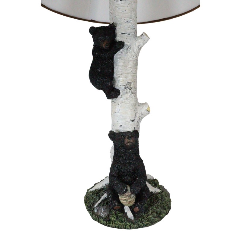 Climbing Black Bear Cub On Birchwood Tree With Mother And