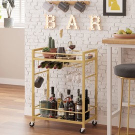 TUTOTAK Bar Cart, Serving Cart for Home, Drink Cart, Mobile Kitchen Shelf with Wine Rack and Glass Holder, Rolling Beverage Cart, Gold BC01BB031