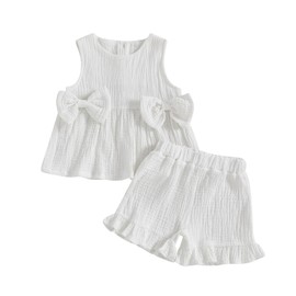 Loalirando Baby Girls' Muslin Clothing Set, Sleeveless Top + Shorts, Summer Outfits, Children's Clothing Sets for Baby Girls, White, 18 - 24 months