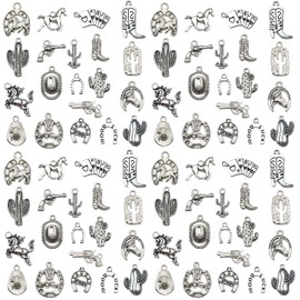 80pcs Western Cowboy Themed Charms Set - Zinc Alloy 3D Miniature Cowboy Hat, Horse, Boot Shoe Charms for DIY Jewelry Making, Keychain Crafts Accessory Tools -Durable, Versatile, and Perfect for Creative Projects (Antique Silver)