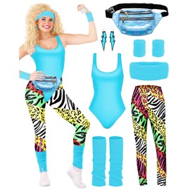 BIQIQI 80s Costume Outfits Accessories Set for Girls, 80s Fancy Dress For Women, 1980s Fancy Dress Party Kits with Headband Earring Leg Warmers Headband for 1980 Retro Parties Hen Do Parties Ladies