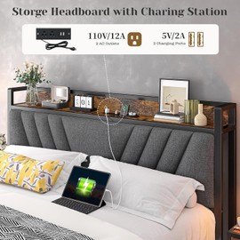 Homkdom Full Size Bed Frame, Upholstered Storage Headboard and Charging Station, Metal Platform Bed Frame Full, No Box Spring Needed, No Noise, Easy Assembly