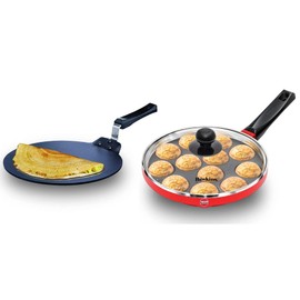 HAWKINS Futura Nonstick Dosa Tava, Diameter 33 cm, Thickness 4.88 mm & Nonstick Appe Pan with Glass Lid, 12 Cups, Diameter 22 cm, Black (NAPE22G)