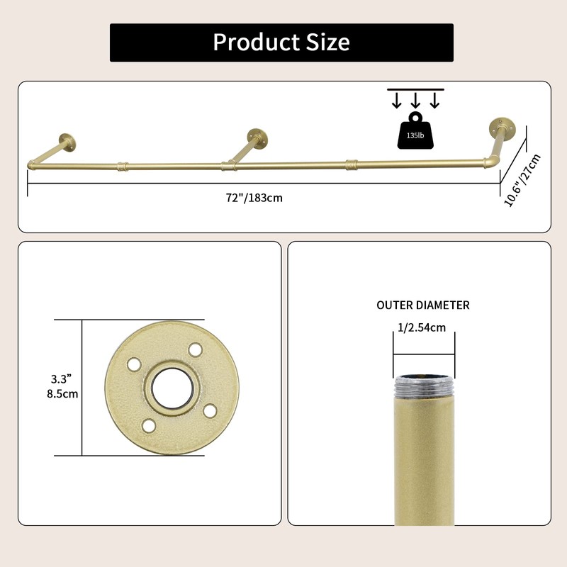 Oroonoko 72inch Gold Wall Mounted Clothes Rack, Industrial Pipe Garment