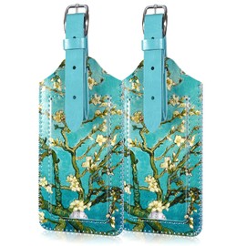 ACdream Luggage Tags 2 Pack, Leather Suitcase Tags Identifiers, Cute Cruise ID Labels with Privacy Cover fits on Backpack, Travel Bag, for Women, Men, Adults, Kids, Almond Blossom