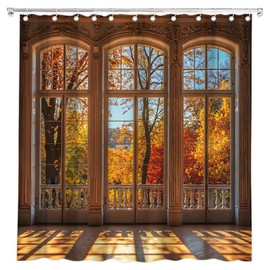 TQNNTQ Autumn Window Scene Shower Curtain Fall Forest View Yellow Red Leaves Mountain Sunset Landscape Bath Curtain Fabric Bathroom Accessories Decor with Hooks 70W x70L
