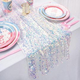 QueenDream Camino de Mesa Blanco de 25 x 120 Pulgadas de Largo con Lentejuelas iridiscentes de 10 pies, Tela con Purpurina para Fiestas, Bohemia, Bodas, Decoraciones de cumpleaños