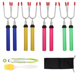 TOOYOO Barbecue Cutlery Set, 11 Pieces Barbecue Skewers Extendable Stainless Steel Barbecue Fork Barbecue Tongs Grill Brush, Telescopic Extra Long 85 cm Barbecue Skewers for Campfire Camping Smores,