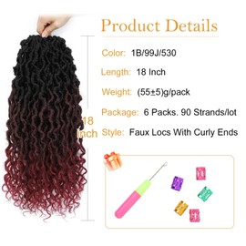 Ombre Crochet Hair 1B/99J/530 Faux Locs 18 Inch 6 Packs Crochet Goddess Locs with Curly Ends Pre Looped Faux Locs Crochet Hair for Black Women(18 Inch,6 Packs,1B/99J/530)