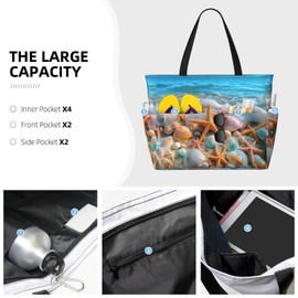 REVENEVER Beach Tote Bag for Women Foldable Waterproof and Sandproof Tote Bag with Zipper Sea Starfish Print Beach Bag Large Travel Bag