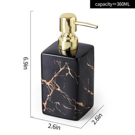 Premium White Marble Ceramic Soap Dispenser – 10oz Square Refillable Bottle with Golden Pump for Bathroom, Kitchen, Vanity, or Office (Black)