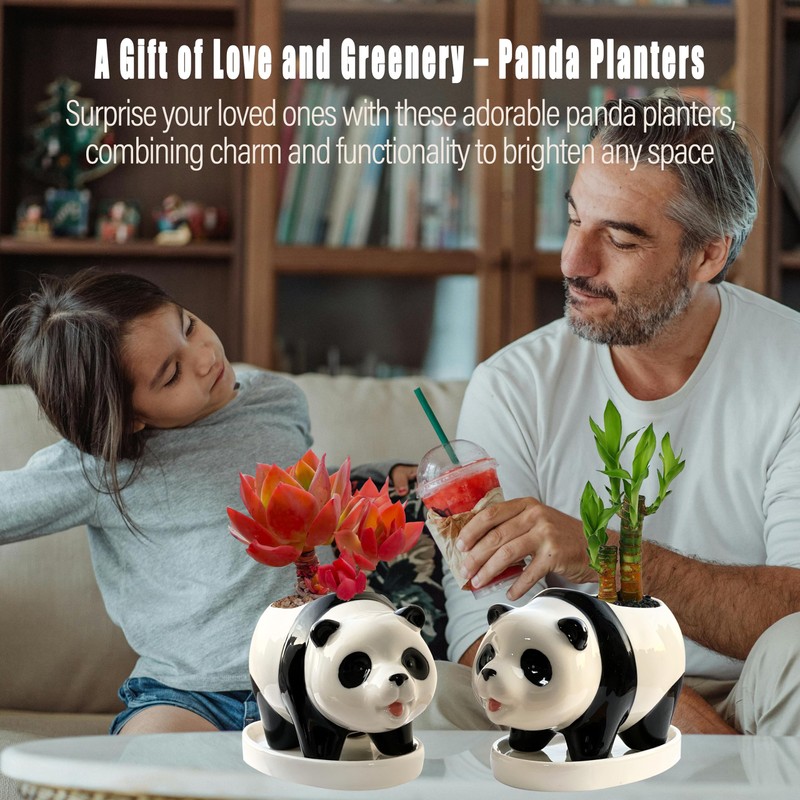 KEEPPACE 2PC Panda Bamboo Planter Pots-5.7 Inch Ceramic Animal Planters