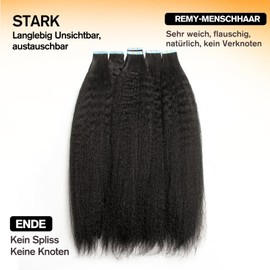 ISHEENY Tape-In Real Hair Extensions, Kinky Curly, 55 cm, Natural Black Invisible Tape Extensions, Real Hair Tape Extensions, Skin Weft Hair Extensions, 50 g, 20 Pieces