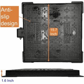 DuuMuut B Class 16x16 in Anti-Slip Cast Iron Manhole Cover and Frame for Corrugated Pipe - Square Black Heavy Duty Septic Tank Lid with Base (True 15.8x15.8) for Driveway/Yard