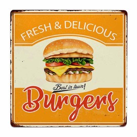SCAZOMV Burgers Tin Signs Funny Food Poster Vintage Metal Sign Wall Decor for Home Kitchen Bar Restaurant Cafe Pub 8x8 Inch