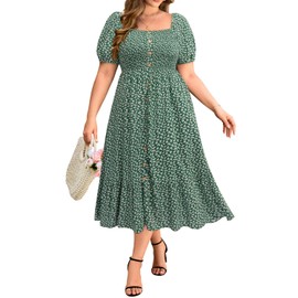 Plus Size Summer Boho Dresses Green Ditsy Floral Spring Beach Midi Flowy Casual Smocked Curvy Maternity Long Sundress