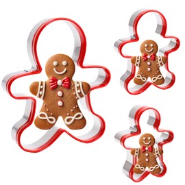 PTaizjjz 3pcs Gingerbread Man Cookie Cutters Set,Stainless Steel Christmas Cookie Cutter Tools with Red Environmental PVC - 14cm,12cm,9cm
