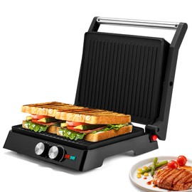 SUSTEAS Panini Press Sandwich Maker and Electric Indoor Grill with Temperature Time Setting, Easy Clean Nonstick Grids, Opens 180°/105° to Fit Any Type or Size of Food, 1400W, BBQ, Black