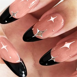 Nail Tip, Black, Long, Korean Nail Tip, Mine-based Gal Nail Mass Production, Glitter, Butterfly, Starry Moon, Heart Cat Eye Stone, Rhinestones (F)