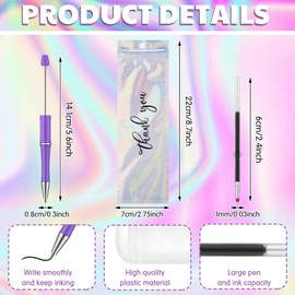 Jetec 150 Pcs DIY Beadable Pens Kit 50 Plastic Shaft Black Ink Beaded Pens with 50 Refills 50 Pen Bags for Making Gift Student School Office Supplies (Vivid Colors,Stylish Style)