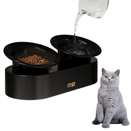 MS!MAKE SURE Cat Bowls, Elevated Ceramic Cat Food and Water Bowl Set, 15° Tilted Bowls with Stand, Non-Slip & Whisker Friendly - Black
