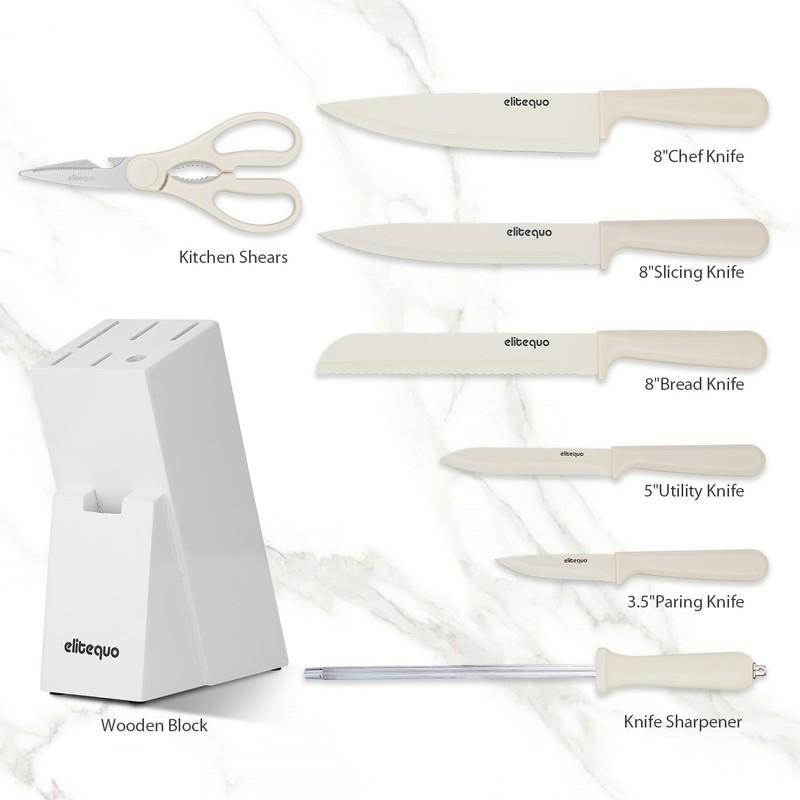 Elitequo 8 Piece Kitchen Knife Block Set with Sharpener,Dishwasher Safe,German