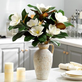Thiccywoov 3 Pcs Artificial Magnolia Branches 25.6 Inches White Magnolia Leaves Stem Flowers Faux Greenery for Indoor Outdoor Home Bathroom Table Vase Farmhouse Wedding Decor