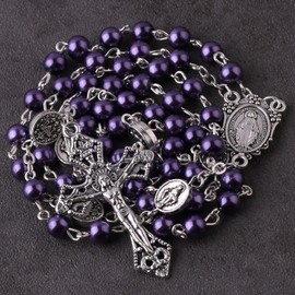 Luomu 6mm Glass Pearl Round Beads Catholic Rosary with Virgin Mary Medal with Silver Chain (Purple, Silver plated Zinc Alloy)