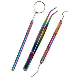Multi Color Rainbow Dental Set - 3pcs Basic Dental Instruments Stainless Steel Dental Tooth Pick, Mouth Mirror,Cotton Plier - Dentists Tools Set is Ideal for Personal Use & Friendly