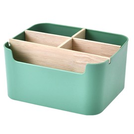 VICDUEKG Desk Organiser, 5 Compartments Bamboo Office Organiser with Pen Holder, Storage Box, Desk Organiser for Pens, Cosmetics, Sticky Notes (Green)