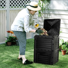 BIOGRN Compost Bin Outdoor 80 Gallon (300L) Large Compost Bin Composter with w/Top Flip Latch-on Lid BPA-Free Composter Barrel for Garden, Kitchen, and Yard Waste, Black, Easy Assembly