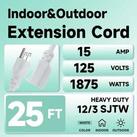FNXPOW 25 Ft Outdoor Extension Cord - 12/3 SJTW Heavy Duty White Extension Cable with 3 Prong Grounded Plug - Power Cord for Lawn, Garden, Appliances