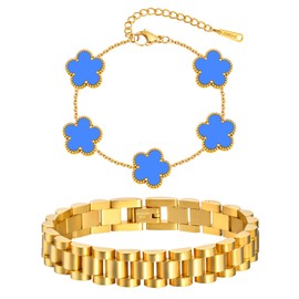 Juego de 2 pulseras apilables con diseño floral, chapado en oro de 18 quilates, no se deslustra, cadena de eslabones de acero inoxidable, joyería de moda, regalo de cumpleaños de Navidad, San Valentín