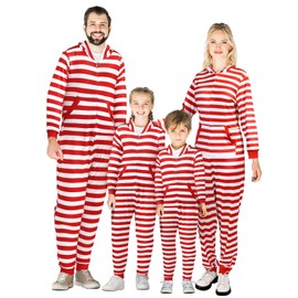 Xaatren Couples Matching Christmas Pajamas Sets Striped Family Jumpsuit Hooded Long Sleeve (Red and White Stripes,Women,M)