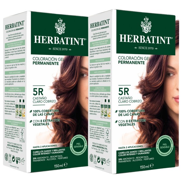 Tinte permanente sin amoniaco HERBATINT Castalño Claro Cobrizo 5R (Pack