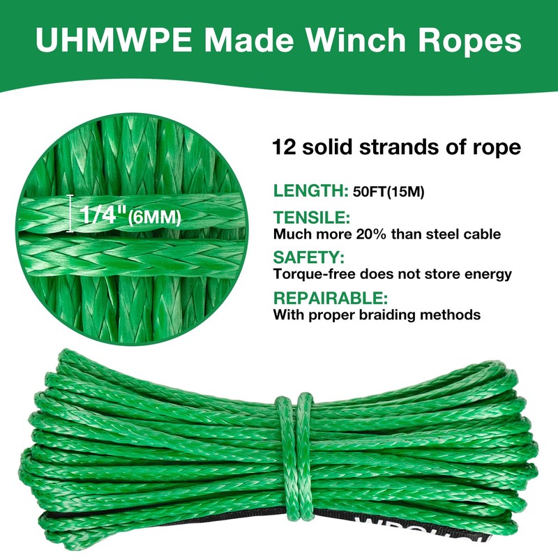 1/4" Synthetic Winch Rope Kit, 1/4 in x 50 Ft