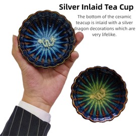 HOHCNA Tenmoku Glaze Kiln Change Jianzhan Tea Cup - 4 oz Silver Inlaid Chinese Kungfu Tea Cup Lotus Tea Cup Dragon Teacup (Dragon)