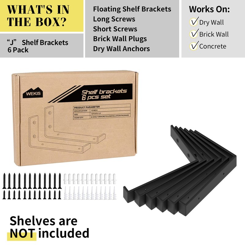 WEKIS 12 Inch Heavy Duty Floating Shelf Bracket, Wall Mounting