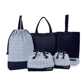 N8150200 5-piece Quilted Set for Kindergarten/School Admission, (Lesson Bag Q, Shoe Case Q, Gym Clothes Bag, Lunch Bag, Cup Bag), Ox/Navy Blue x Checkered, Large, Navy Blue