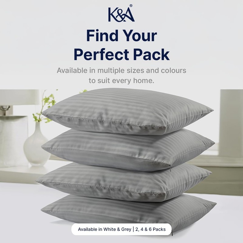 K&A® Satin Stripe Pillow Protectors Pack of 2 Zippered Grey
